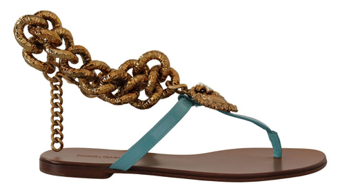 Dolce & Gabbana Blue Leather Devotion Gladiator Flat Sandals – Women's Gold Chain Embellished Flats