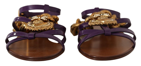 Dolce & Gabbana Purple Leather Devotion Gladiator Flat Sandals – Women's Gold Chain Embellished Flats Shoes