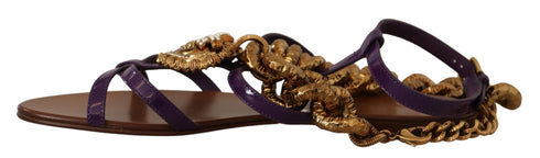Dolce & Gabbana Purple Leather Devotion Gladiator Flat Sandals – Women's Gold Chain Embellished Flats Shoes