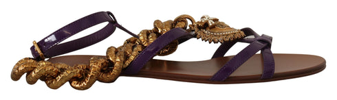 Dolce & Gabbana Purple Leather Devotion Gladiator Flat Sandals – Women's Gold Chain Embellished Flats Shoes