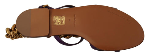 Dolce & Gabbana Purple Leather Devotion Gladiator Flat Sandals – Women's Gold Chain Embellished Flats Shoes