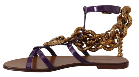 Dolce & Gabbana Purple Leather Devotion Gladiator Flat Sandals – Women's Gold Chain Embellished Flats Shoes