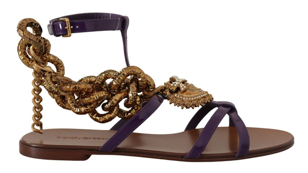 Dolce & Gabbana Purple Leather Devotion Gladiator Flat Sandals – Women's Gold Chain Embellished Flats Shoes