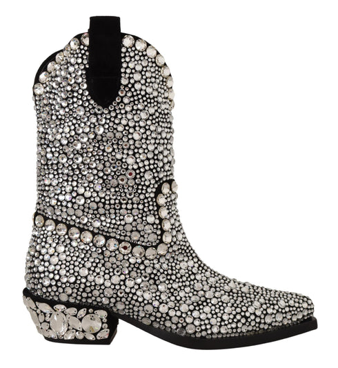 Dolce & Gabbana Black Suede Crystal Cowgirl Boots for Women