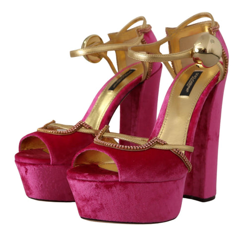Dolce & Gabbana Velvet Platform Ankle Strap Sandals in Pink and Gold with Crystals – Women's