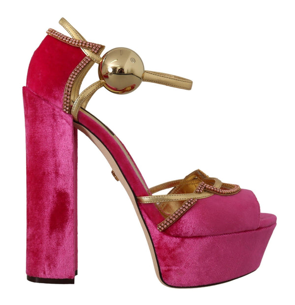 Dolce & Gabbana Velvet Platform Ankle Strap Sandals in Pink and Gold with Crystals – Women's