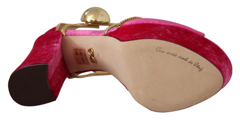 Dolce & Gabbana Velvet Platform Ankle Strap Sandals in Pink and Gold with Crystals – Women's