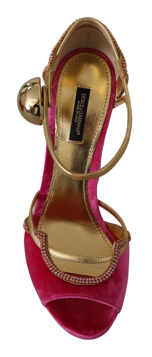 Dolce & Gabbana Velvet Platform Ankle Strap Sandals in Pink and Gold with Crystals – Women's