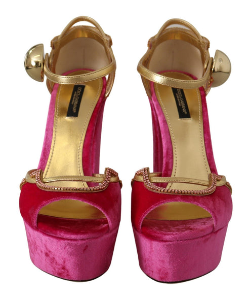 Dolce & Gabbana Velvet Platform Ankle Strap Sandals in Pink and Gold with Crystals – Women's