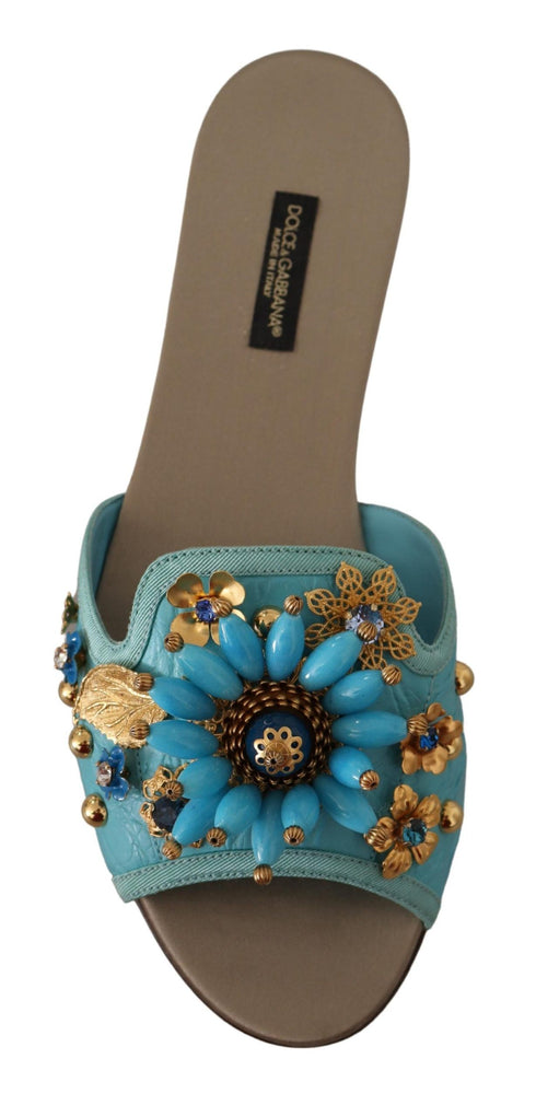 Dolce & Gabbana Bianca Crystal Flat Sandals – Blue Exotic Leather Women's Shoes