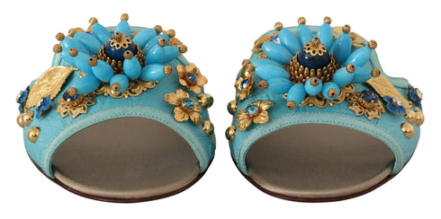 Dolce & Gabbana Bianca Crystal Flat Sandals – Blue Exotic Leather Women's Shoes