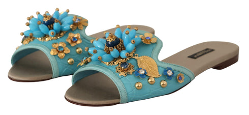 Dolce & Gabbana Bianca Crystal Flat Sandals – Blue Exotic Leather Women's Shoes
