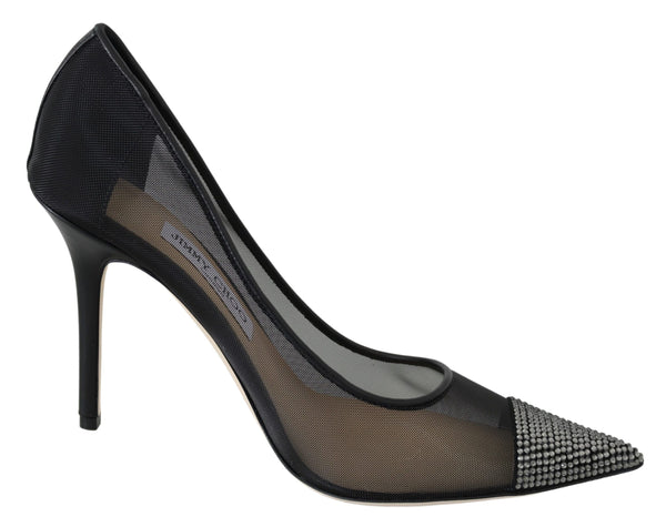 Jimmy Choo Crystal Pumps - Black Mesh Pointed Toe High Heels Shoes for Women