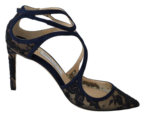 Jimmy Choo Lancer Pumps for Women – Navy Blue Lace Suede Leather Heels