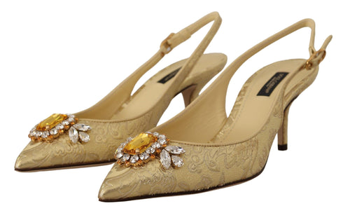 Dolce & Gabbana Gold Crystal Slingback Pumps – Women’s Elegant Mid Heels Shoes