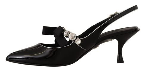 Dolce & Gabbana Black Patent Leather Crystal Slingbacks – Women's Mid Heels Pumps