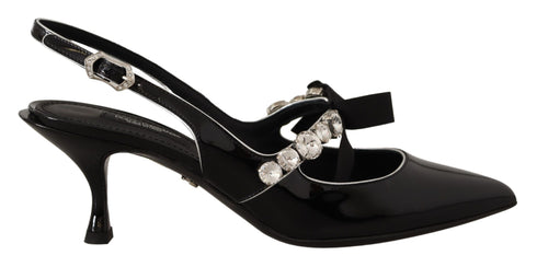 Dolce & Gabbana Black Patent Leather Crystal Slingbacks – Women's Mid Heels Pumps