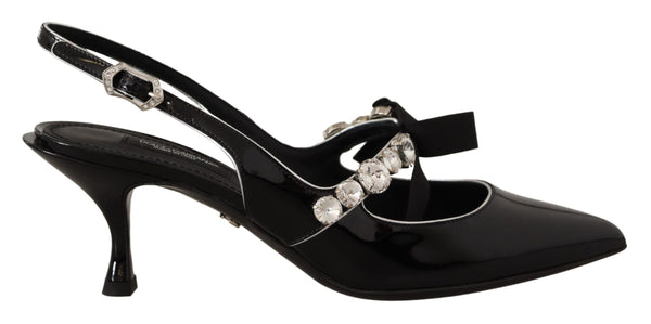 Dolce & Gabbana Black Patent Leather Crystal Slingbacks – Women's Mid Heels Pumps