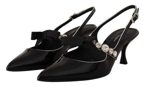 Dolce & Gabbana Black Patent Leather Crystal Slingbacks – Women's Mid Heels Pumps