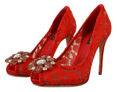 Dolce & Gabbana Taormina Lace Heels | Women’s Red Crystal Pumps