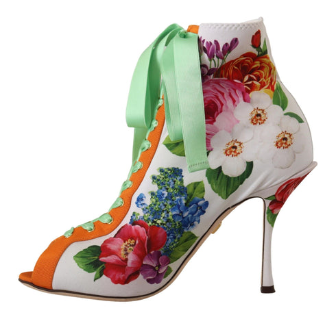 Dolce & Gabbana White Floral Jersey Stretch Open Toe Boots – Women's Heels Shoes