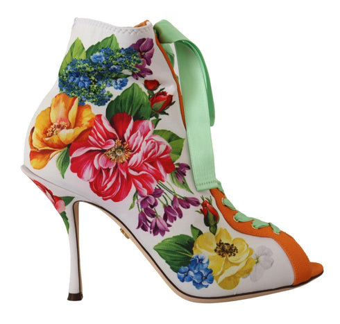 Dolce & Gabbana White Floral Jersey Stretch Open Toe Boots – Women's Heels Shoes