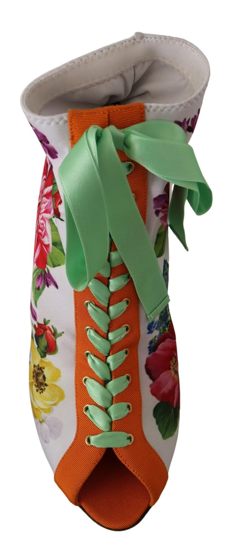 Dolce & Gabbana White Floral Jersey Stretch Open Toe Boots – Women's Heels Shoes