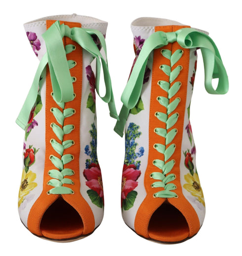 Dolce & Gabbana White Floral Jersey Stretch Open Toe Boots – Women's Heels Shoes