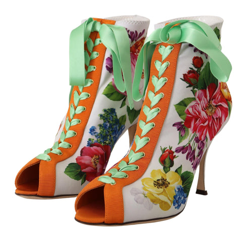 Dolce & Gabbana White Floral Jersey Stretch Open Toe Boots – Women's Heels Shoes