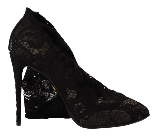 Dolce & Gabbana Black Taormina Lace Sock Boots – Women's Stretch Ankle Heels