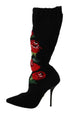 Dolce & Gabbana Stretch Sock Booties Black Wool with Red Rose Embroidery – Women’s
