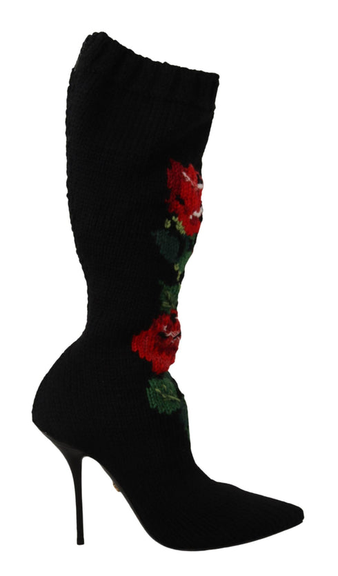 Dolce & Gabbana Stretch Sock Booties Black Wool with Red Rose Embroidery – Women’s