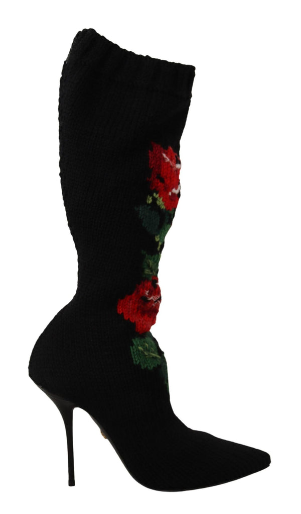 Dolce & Gabbana Stretch Sock Booties Black Wool with Red Rose Embroidery – Women’s