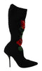 Dolce & Gabbana Stretch Sock Booties Black Wool with Red Rose Embroidery – Women’s