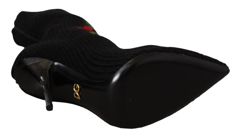 Dolce & Gabbana Stretch Sock Booties Black Wool with Red Rose Embroidery – Women’s