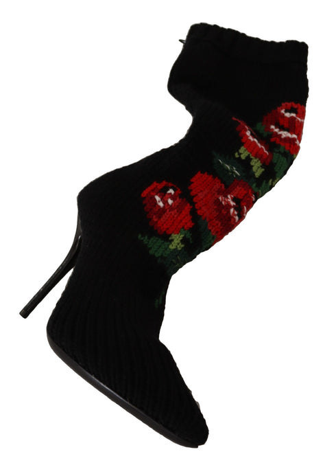 Dolce & Gabbana Stretch Sock Booties Black Wool with Red Rose Embroidery – Women’s