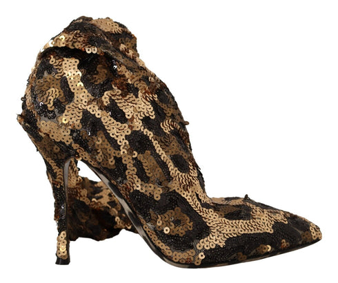 Dolce & Gabbana Gold Leopard Sequins Heels Knee High Boots – Women’s