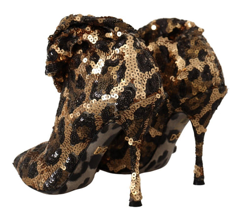 Dolce & Gabbana Gold Leopard Sequins Heels Knee High Boots – Women’s