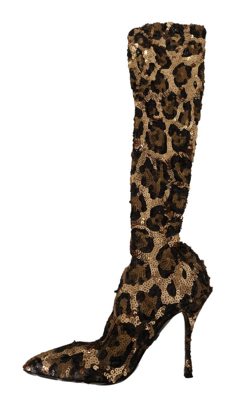 Dolce & Gabbana Gold Leopard Sequins Heels Knee High Boots – Women’s