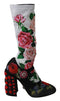 Dolce & Gabbana Mid Calf Socks Boots in Black Floral Jersey with Crystal Embellished Heel – Women