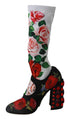 Dolce & Gabbana Mid Calf Socks Boots in Black Floral Jersey with Crystal Embellished Heel – Women
