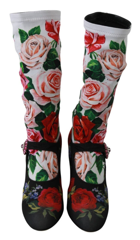 Dolce & Gabbana Mid Calf Socks Boots in Black Floral Jersey with Crystal Embellished Heel – Women