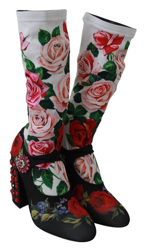 Dolce & Gabbana Mid Calf Socks Boots in Black Floral Jersey with Crystal Embellished Heel – Women