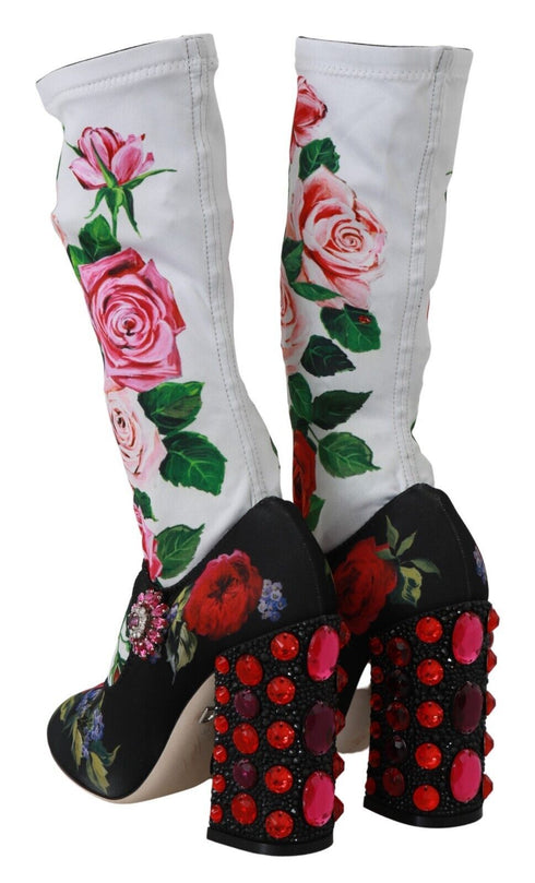 Dolce & Gabbana Mid Calf Socks Boots in Black Floral Jersey with Crystal Embellished Heel – Women