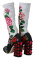 Dolce & Gabbana Mid Calf Socks Boots in Black Floral Jersey with Crystal Embellished Heel – Women