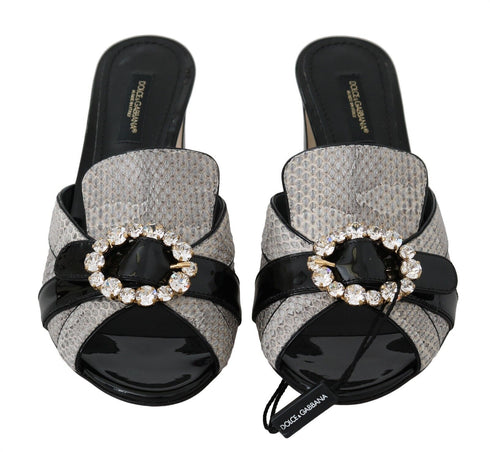 Dolce & Gabbana Black Gray Exotic Leather Crystal Sandals – Women’s Heels