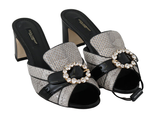 Dolce & Gabbana Black Gray Exotic Leather Crystal Sandals – Women’s Heels
