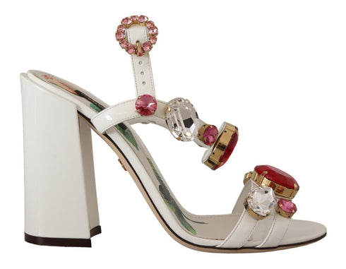 Dolce & Gabbana Keira Crystal Heels Sandals White Leather Women’s