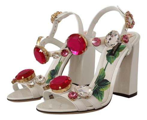 Dolce & Gabbana Keira Crystal Heels Sandals White Leather Women’s