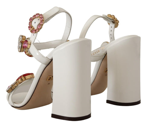 Dolce & Gabbana Keira Crystal Heels Sandals White Leather Women’s